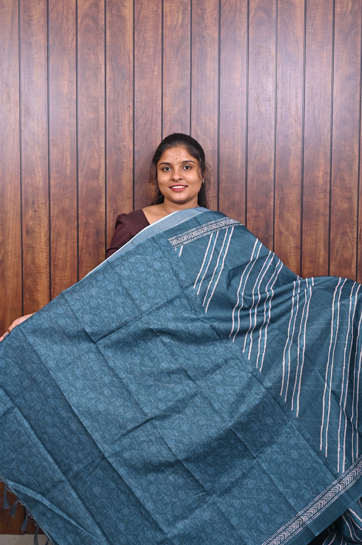 Kota Manipuri Saree SLM-KTM-0009 - Teal blue with white stripes and a printed border - second view