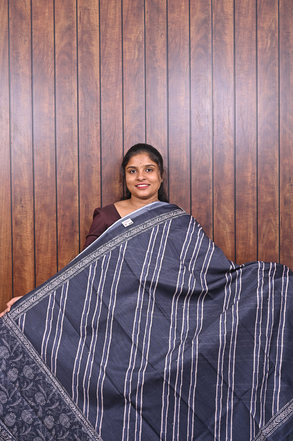 Kota Manipuri Saree SLM-KTM-0010 - Charcoal navy with white stripes and a printed border - front view