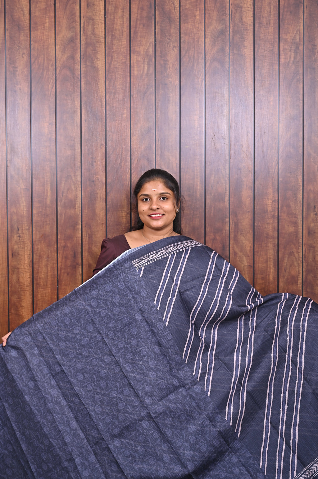 Kota Manipuri Saree SLM-KTM-0010 - Charcoal navy with white stripes and a printed border - second view