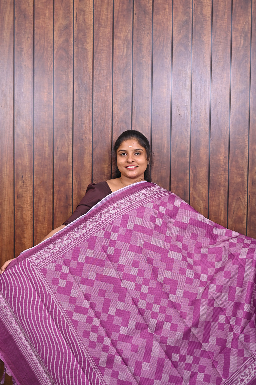 Kota Manipuri Saree SLM-KTM-0011 - Magenta with a checkerboard pattern - front view