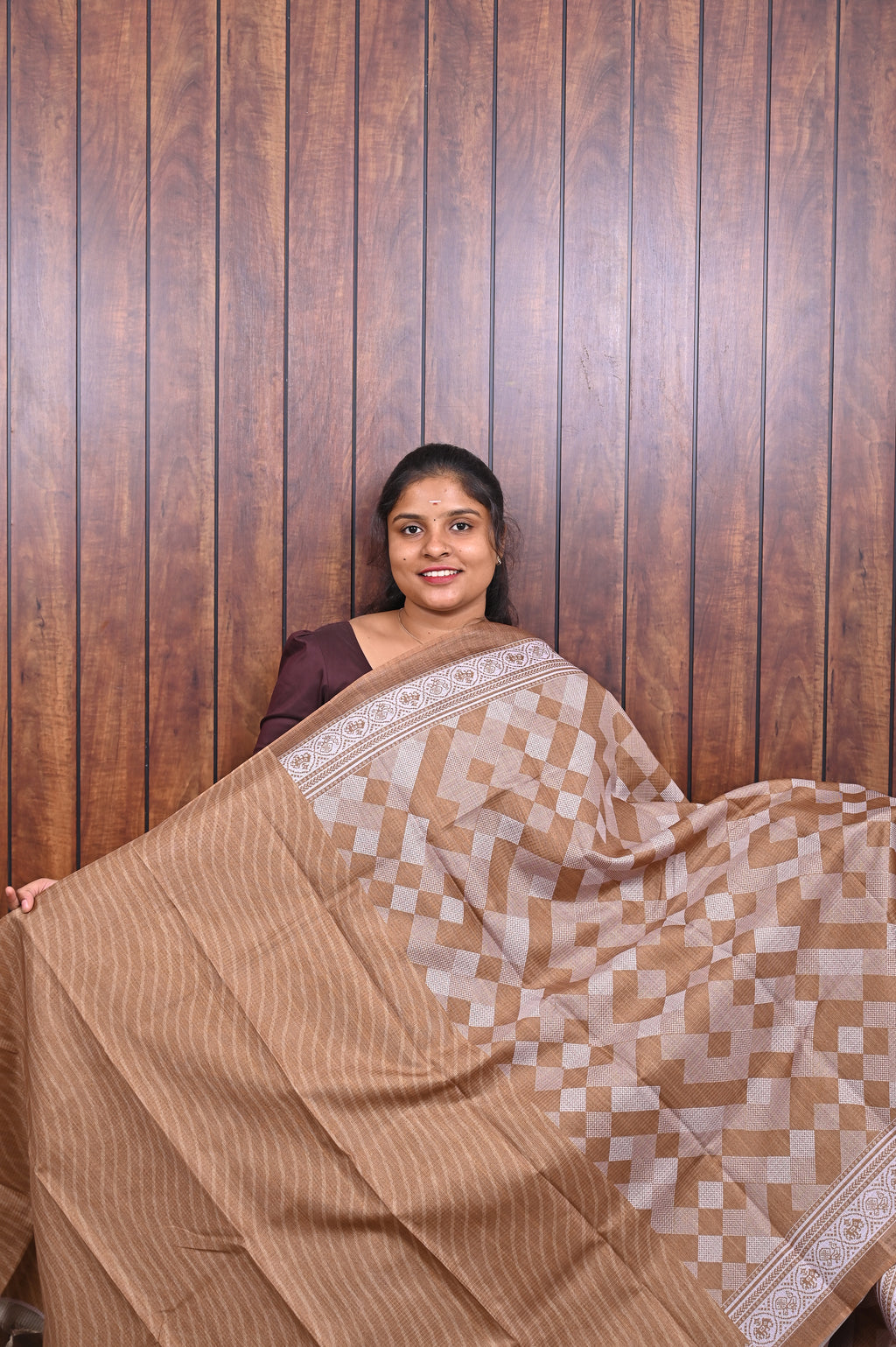 Kota Manipuri Saree SLM-KTM-0013 - Tan brown with a checkerboard pattern - second view
