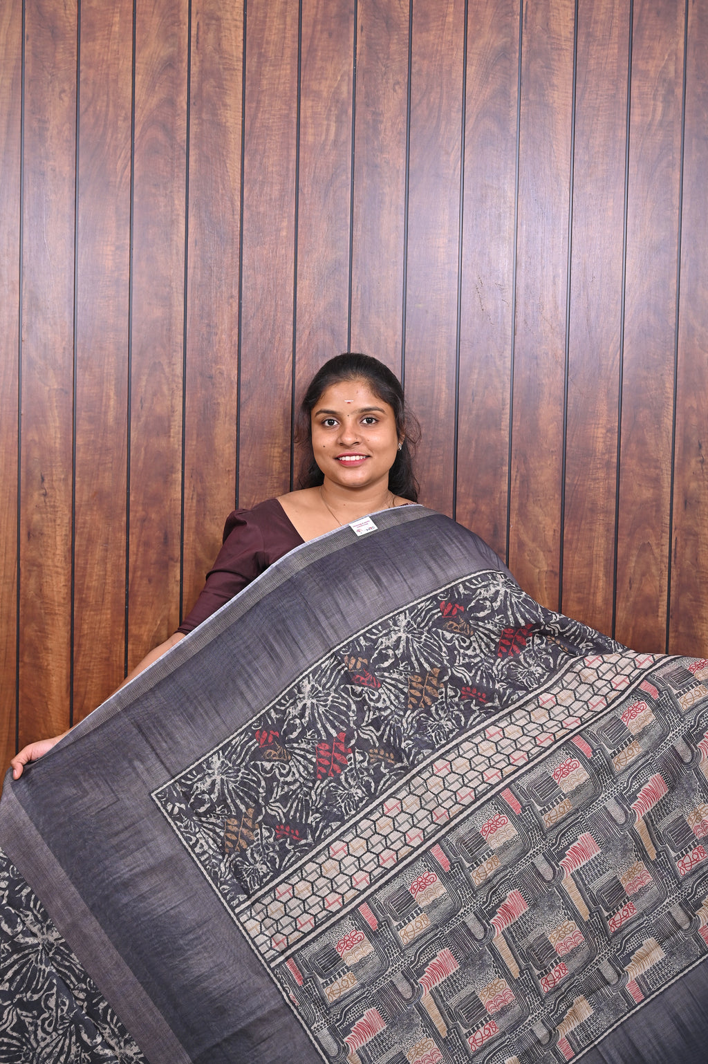 Kota Manipuri Saree SLM-KTM-0014 - Charcoal grey with a printed patterned pallu - front view