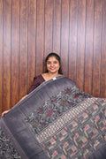 Kota Manipuri Saree SLM-KTM-0014 - Charcoal grey with a printed patterned pallu - front view