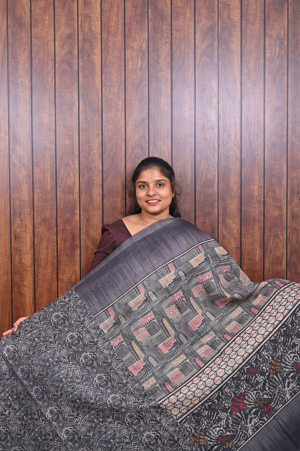 Kota Manipuri Saree SLM-KTM-0014 - Charcoal grey with a printed patterned pallu - second view