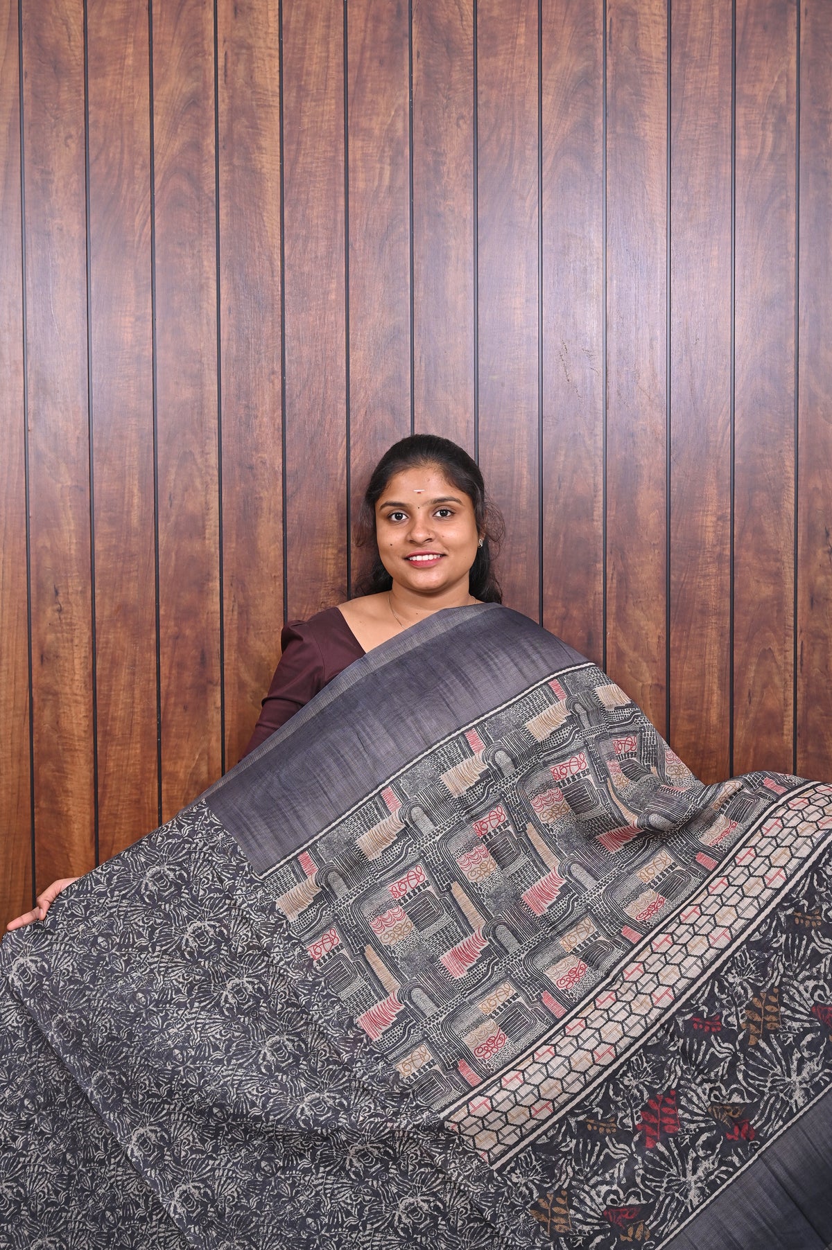 Kota Manipuri Saree SLM-KTM-0014 - Charcoal grey with a printed patterned pallu - second view