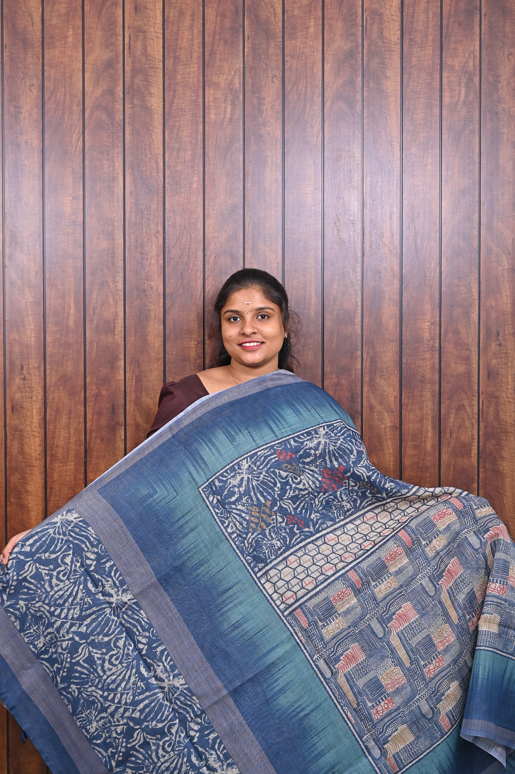 Kota Manipuri Saree SLM-KTM-0016 - Blue with a printed patterned pallu - front view
