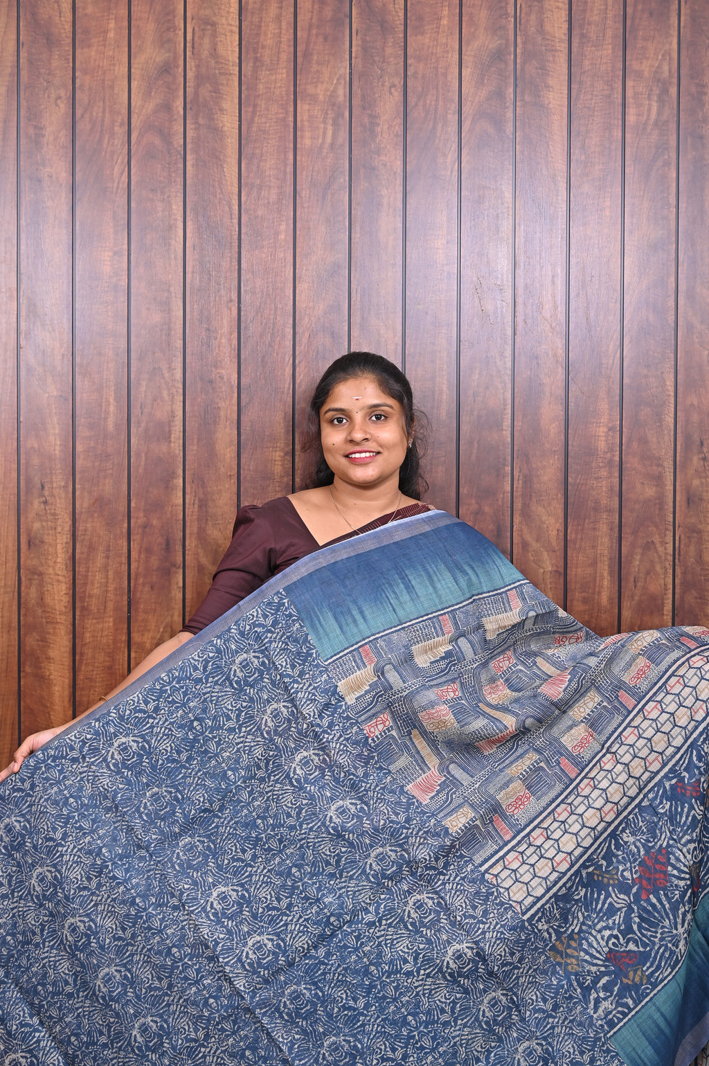 Kota Manipuri Saree SLM-KTM-0016 - Blue with a printed patterned pallu - second view