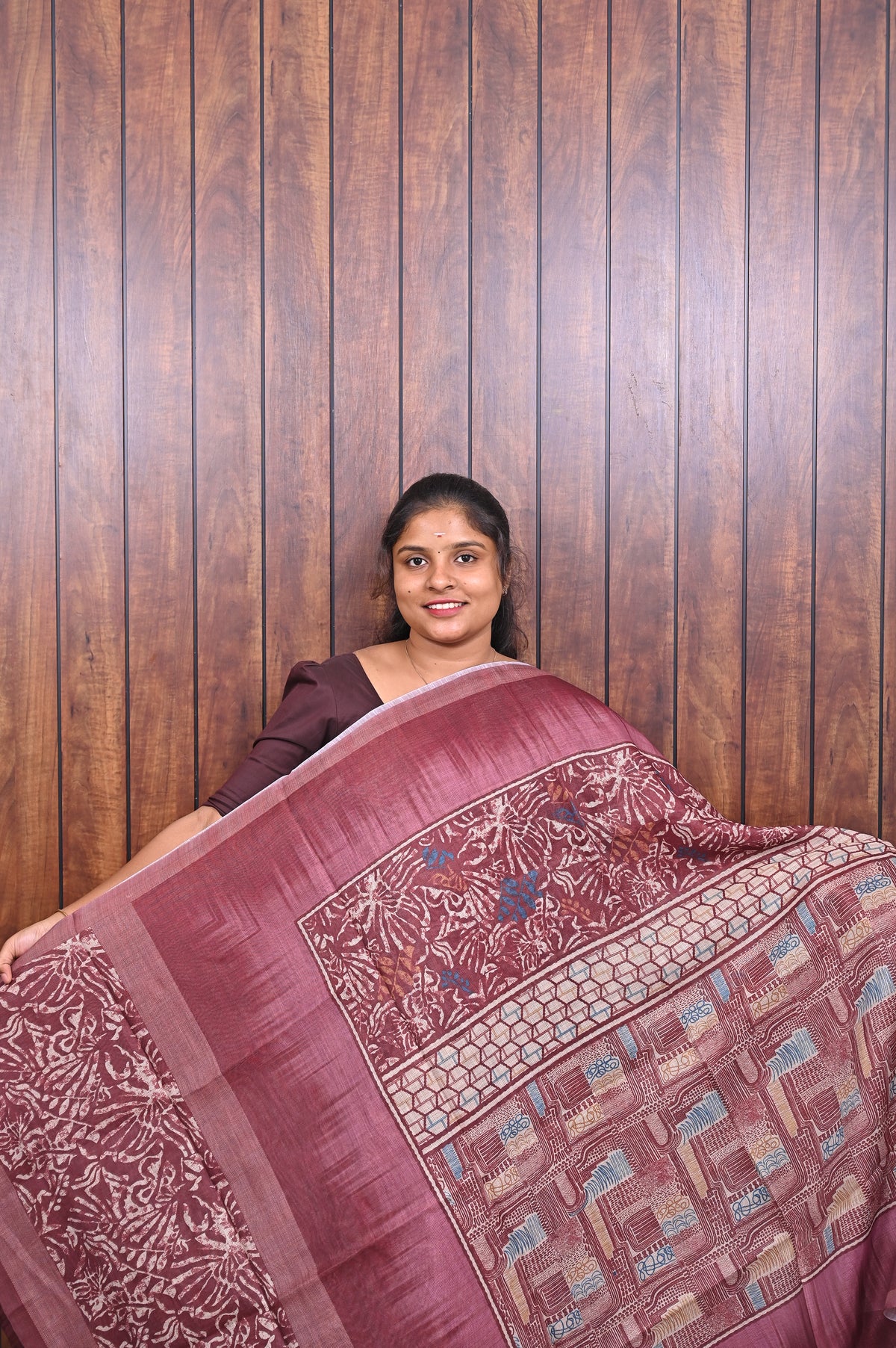 Kota Manipuri Saree SLM-KTM-0017 - Rose with a printed patterned pallu - front view