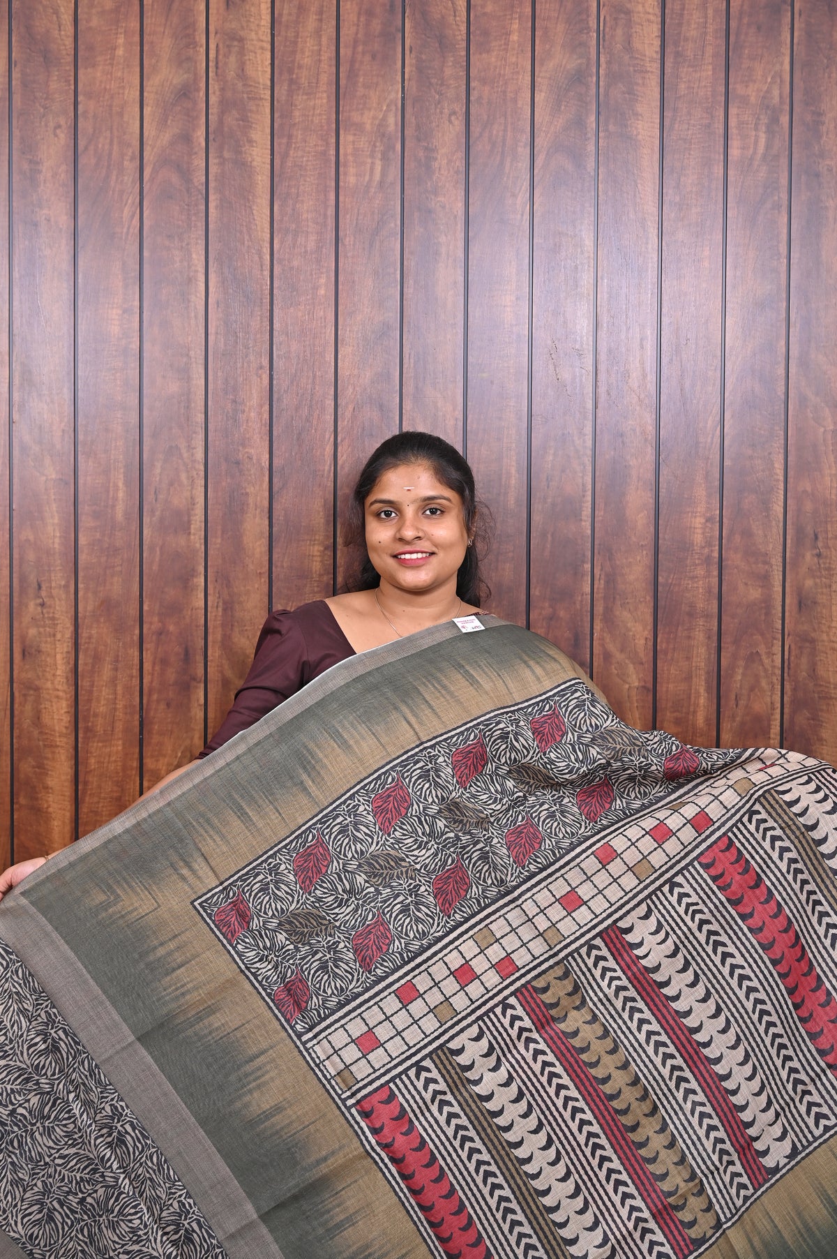 Kota Manipuri Saree SLM-KTM-0018 - Olive grey with a printed patterned pallu - front view