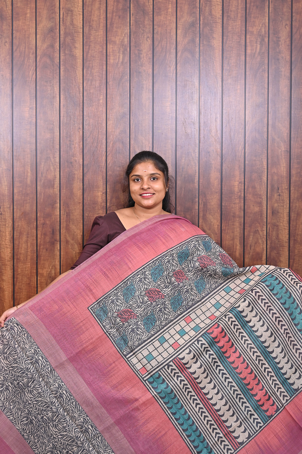 Kota Manipuri Saree SLM-KTM-0019 - Pink with a printed patterned pallu - front view