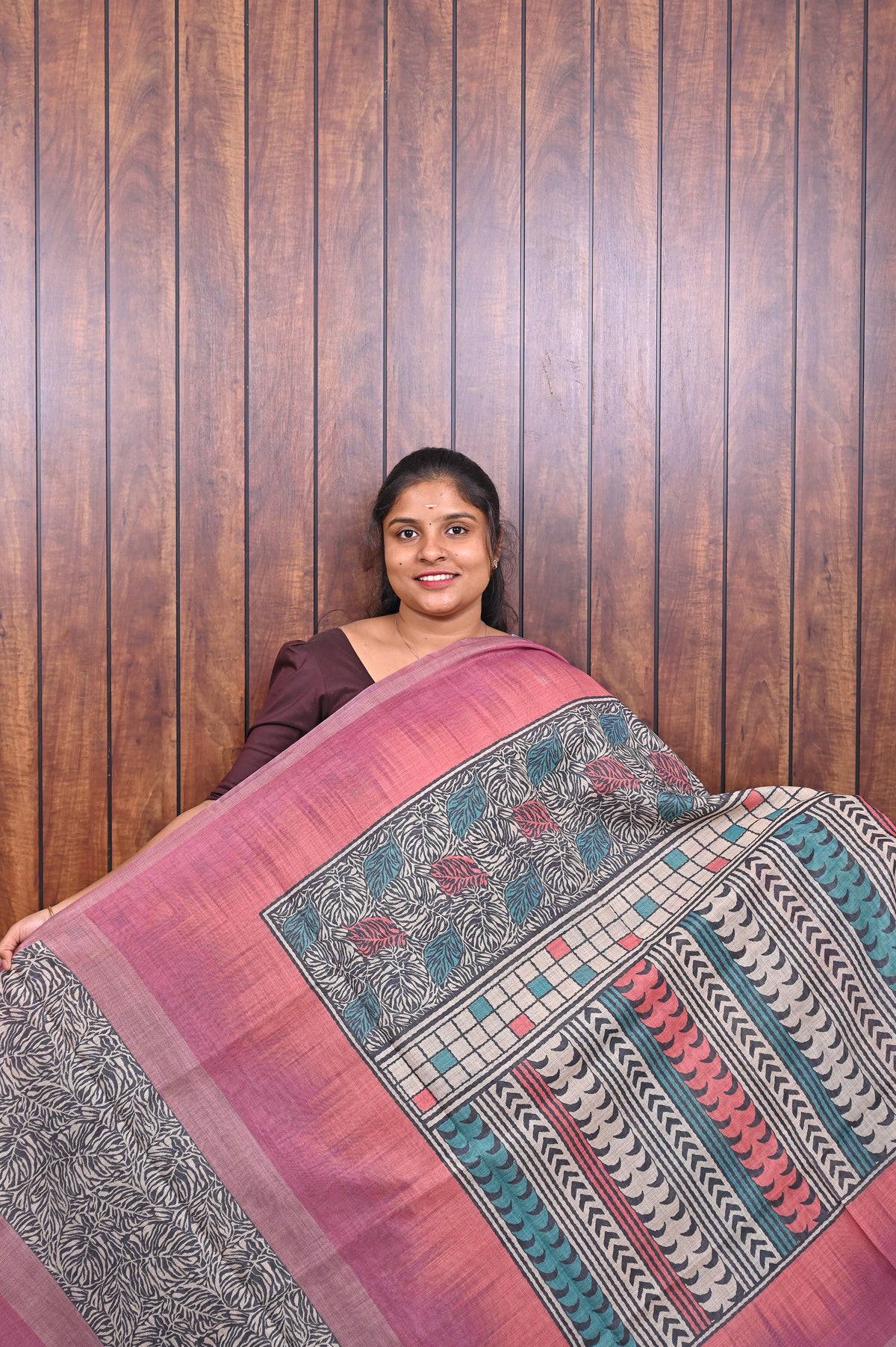 Kota Manipuri Saree SLM-KTM-0019 - Pink with a printed patterned pallu - front view