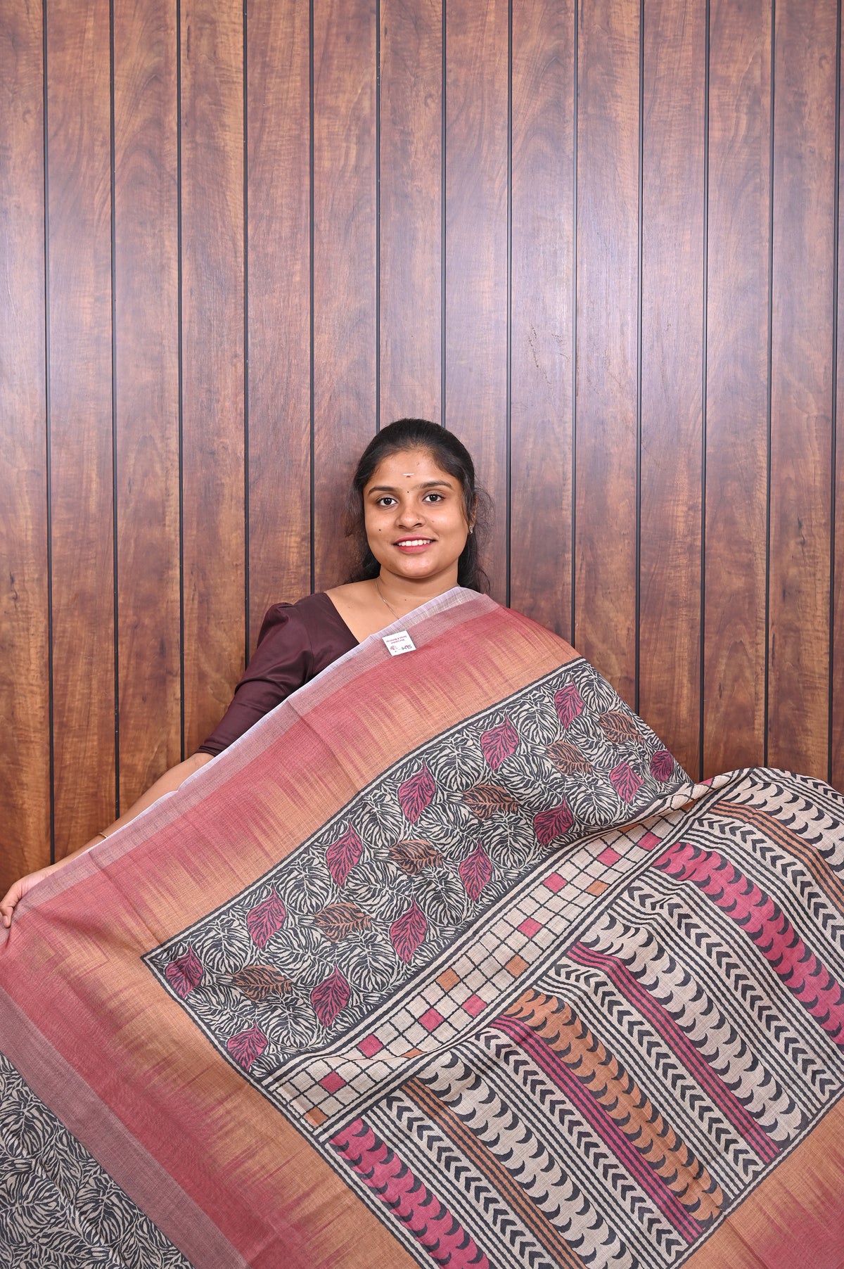 Kota Manipuri Saree SLM-KTM-0020 - Peach and coral with a printed patterned pallu - front view