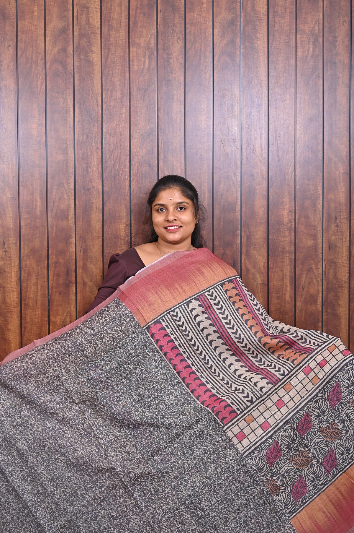 Kota Manipuri Saree SLM-KTM-0020 - Peach and coral with a printed patterned pallu - second view