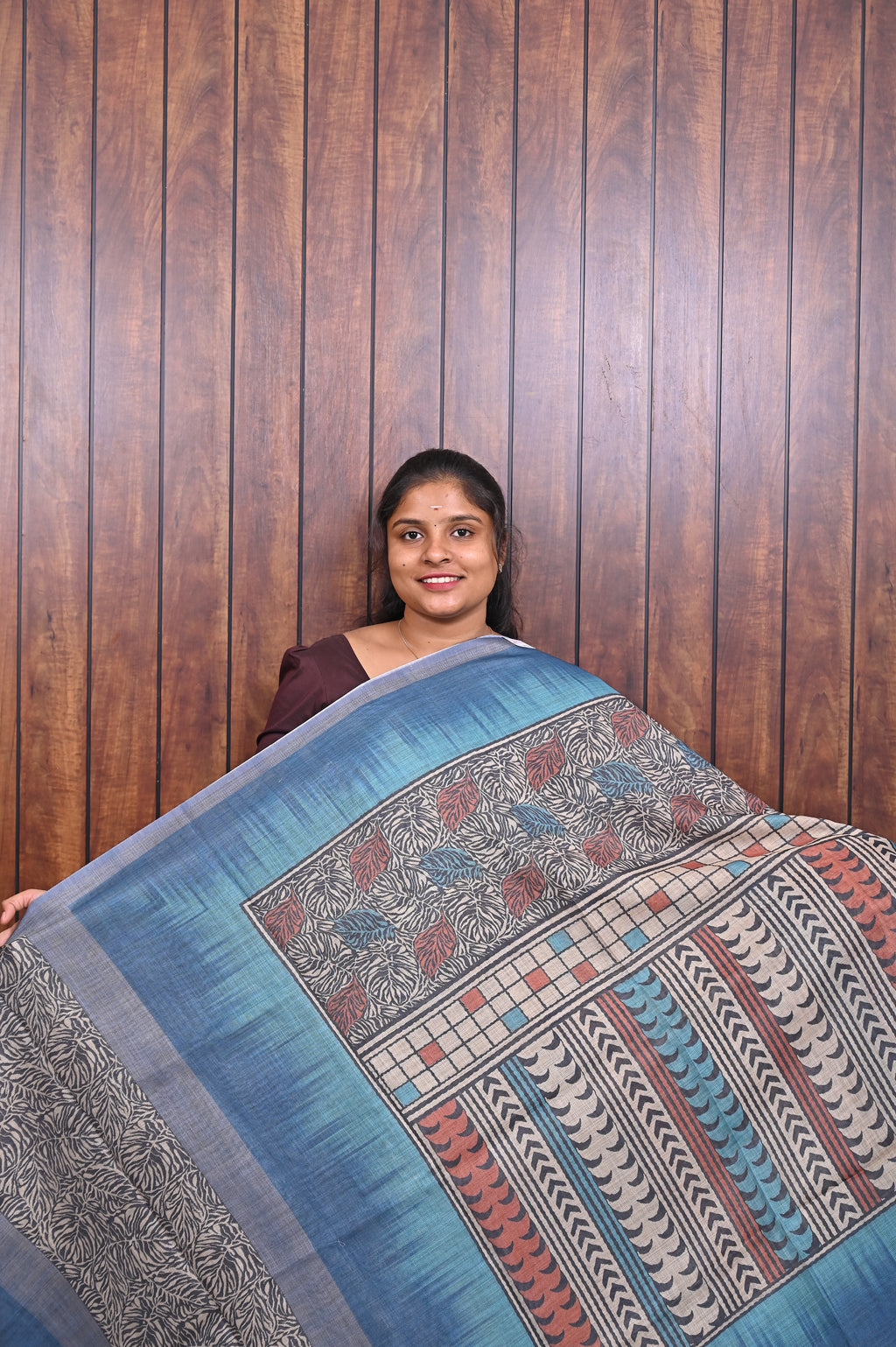 Kota Manipuri Saree SLM-KTM-0022 - Blue with a printed patterned pallu - front view