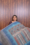 Kota Manipuri Saree SLM-KTM-0022 - Blue with a printed patterned pallu - front view