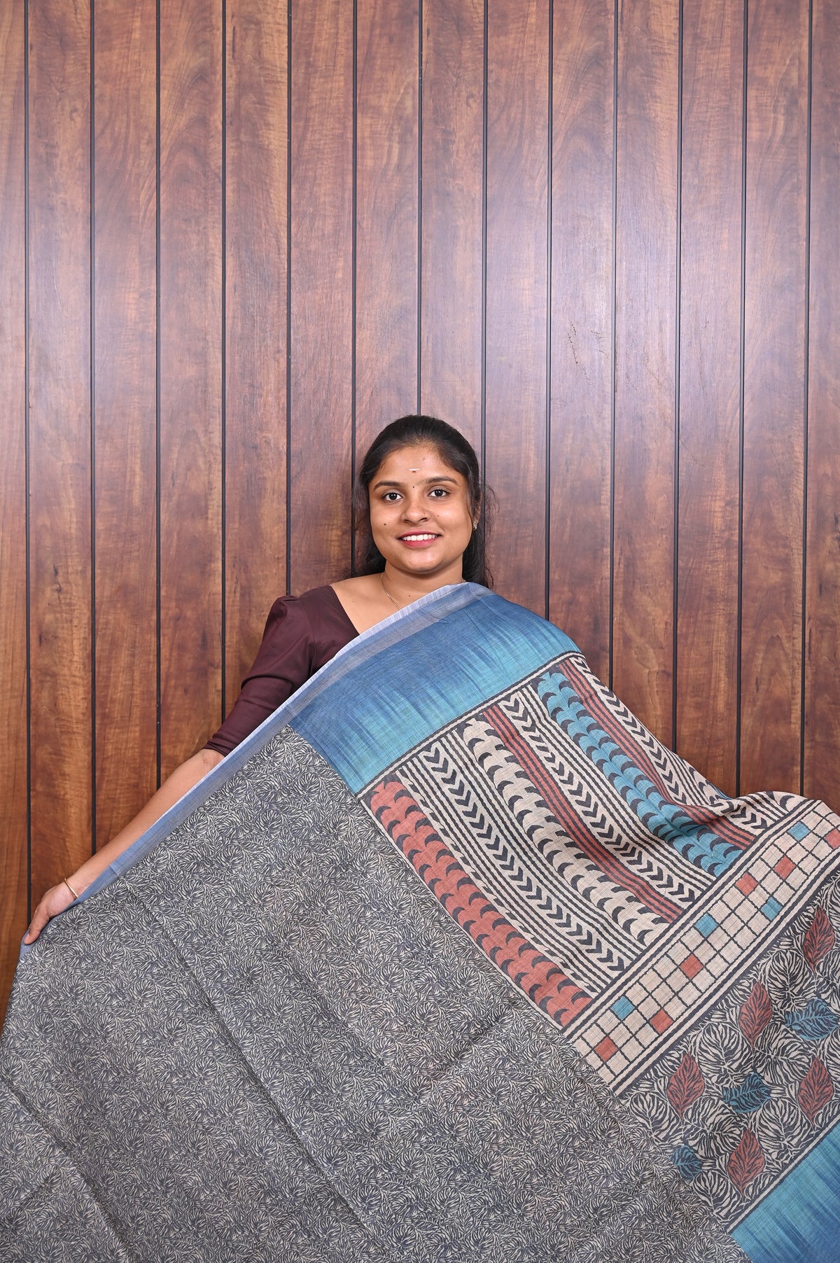 Kota Manipuri Saree SLM-KTM-0022 - Blue with a printed patterned pallu - second view