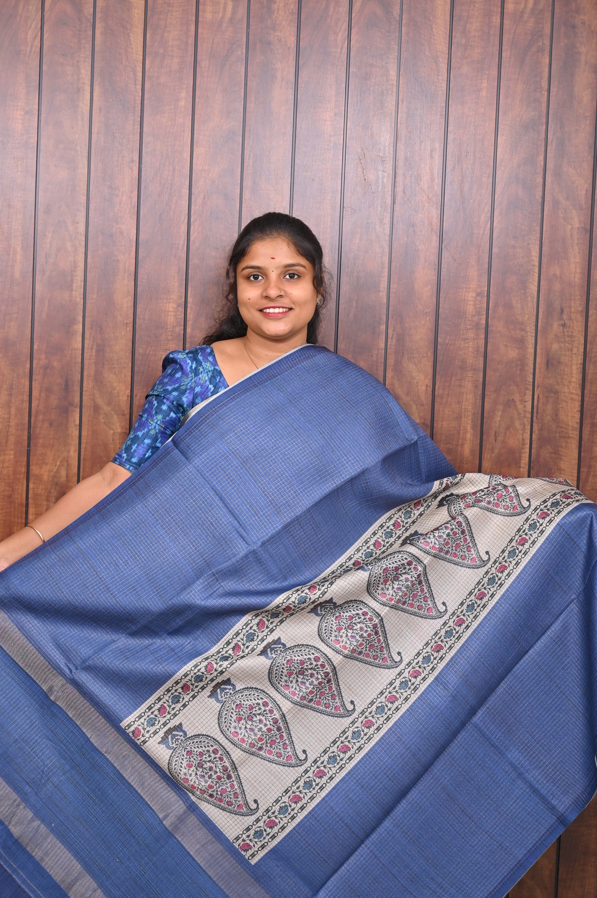 Kota Tussar Saree SLM-KTS-0004 - Cobalt blue with a cream pallu of paisley motifs - front view