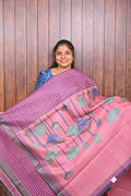 Kota Tussar Saree SLM-KTS-0005 - Pink with a magenta checked border and lotus motifs - front view