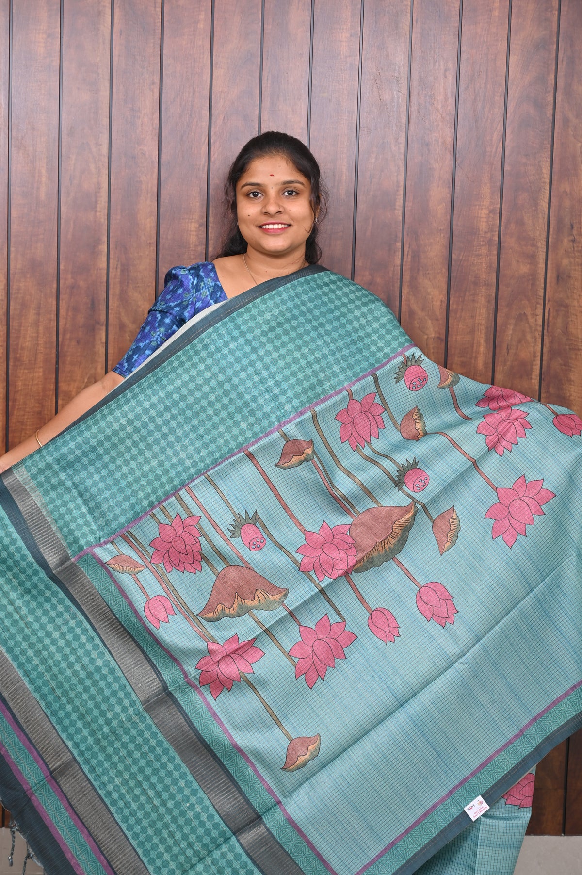 Kota Tussar Saree SLM-KTS-0006 - Aqua green with a checked border and pink lotus motifs - front view