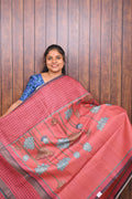 Kota Tussar Saree SLM-KTS-0007 - Coral red with a checked border and lotus motifs - front view