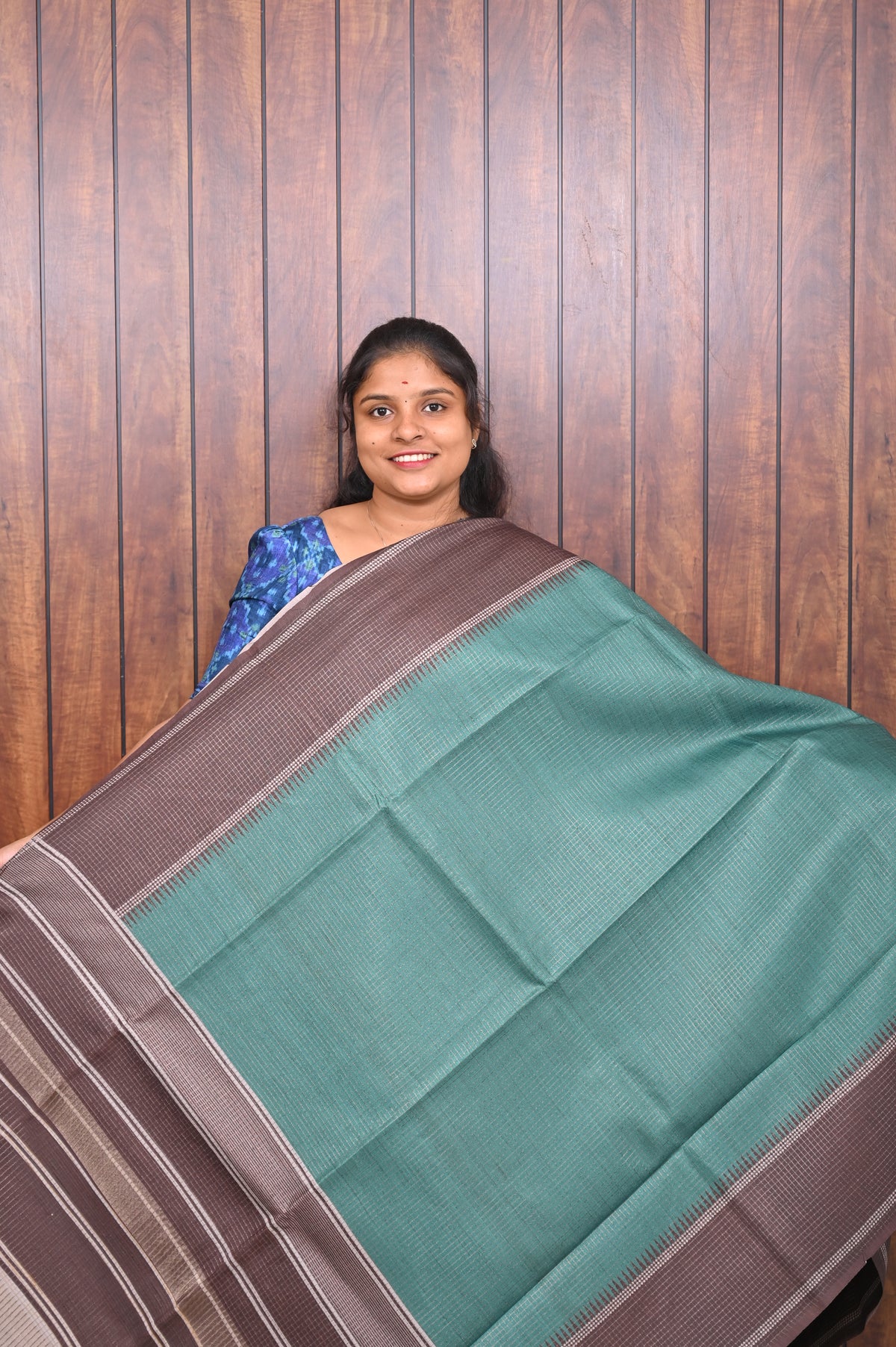 Kota Tussar Saree SLM-KTS-0008 - Sea green with a brown striped border - front view