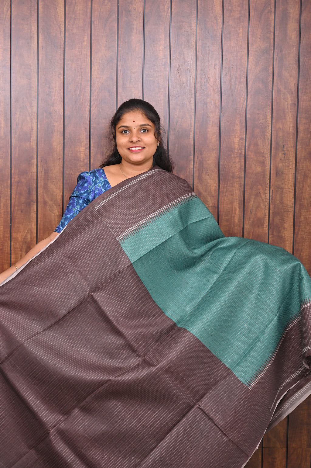 Kota Tussar Saree SLM-KTS-0008 - Sea green with a brown striped border - second view