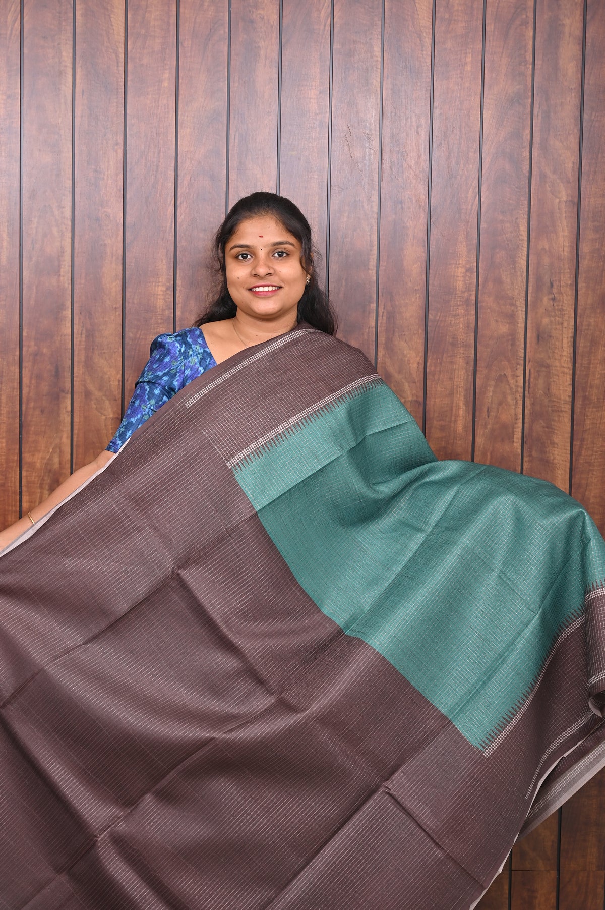 Kota Tussar Saree SLM-KTS-0008 - Sea green with a brown striped border - second view