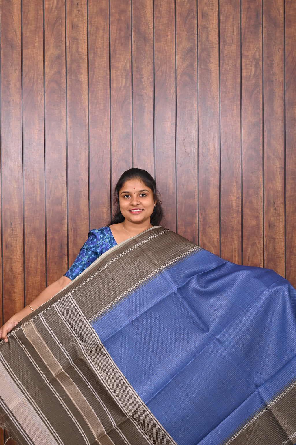 Kota Tussar Saree SLM-KTS-0011 - Blue with an olive striped border - front view