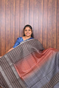 Kota Tussar Saree SLM-KTS-0013 - Grey and coral ombré with a grey striped border and dot motifs - front view