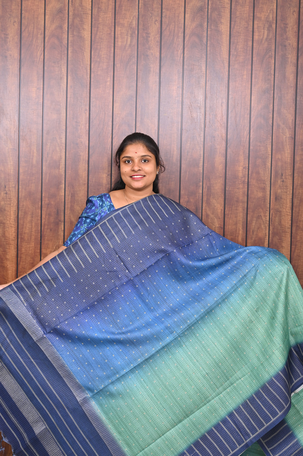 Kota Tussar Saree SLM-KTS-0014 - Blue and mint ombré with a navy striped border - front view