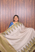 Kota Tussar Saree SLM-KTS-0015 - Off-white with an olive temple border - front view