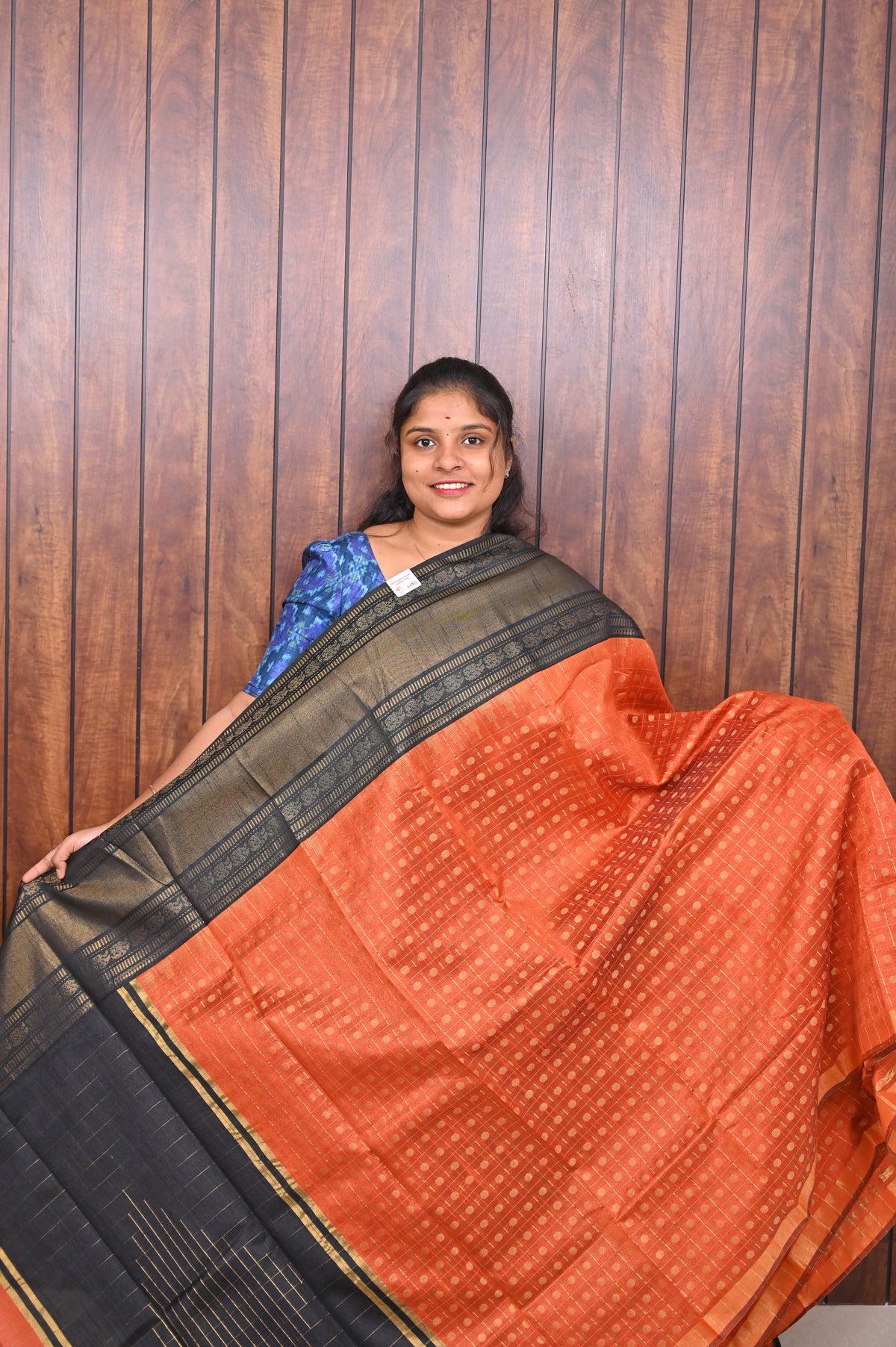 Raw Silk Saree SLM-RSL-0001 - Orange with a black temple border and pallu - front view