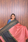 Raw Silk Saree SLM-RSL-0003 - Peach pink with a black temple border and pallu - front view