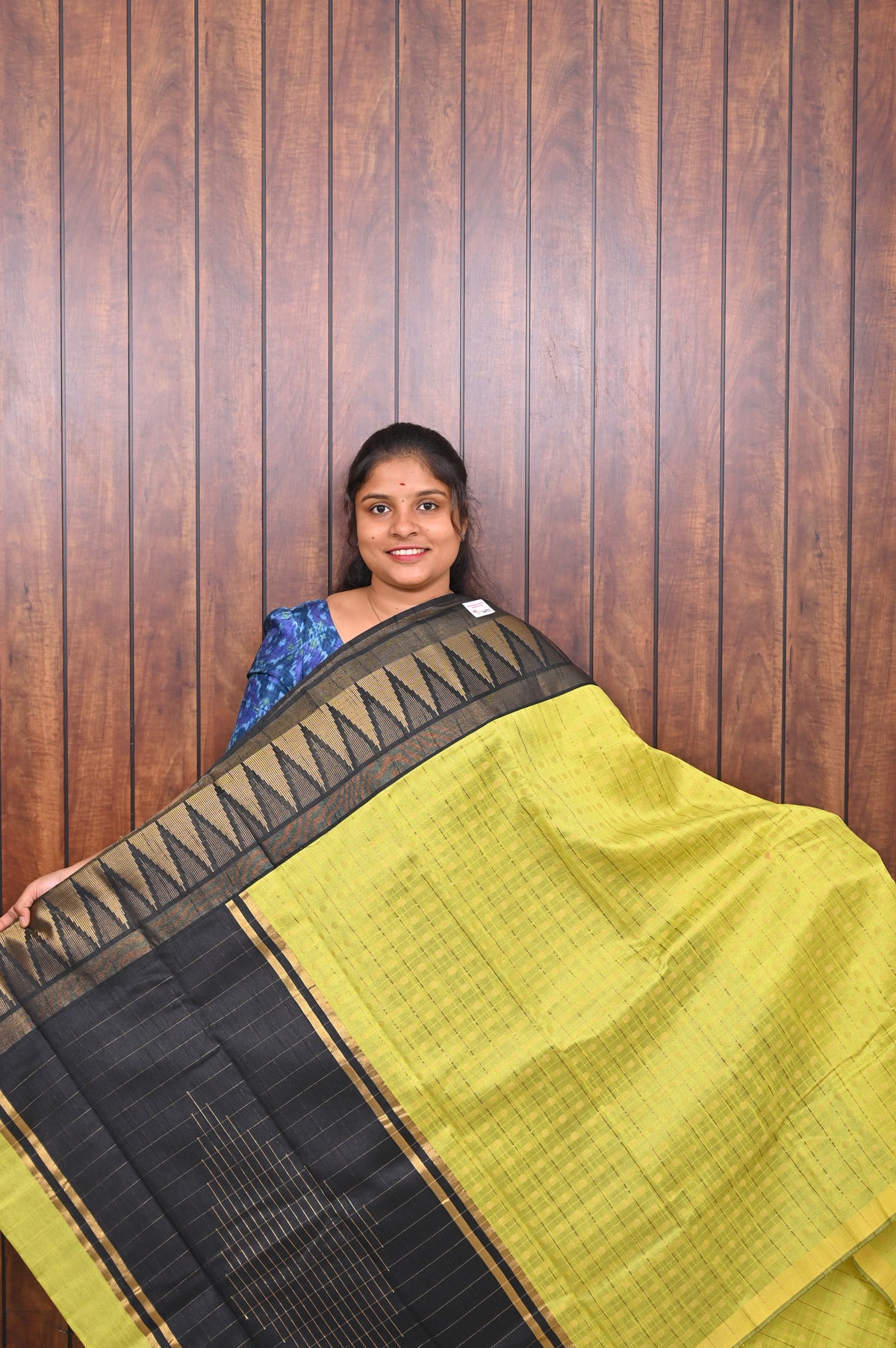 Raw Silk Saree SLM-RSL-0005 - Lemon yellow with a black temple border and pallu - front view