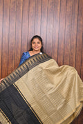 Raw Silk Saree SLM-RSL-0006 - Beige with a black temple border and pallu - front view