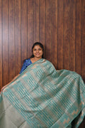 Raw Silk Saree SLM-RSL-0009 - Sage green with an all-over geometric pattern - front view
