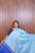 Raw Silk Saree SLM-RSL-0014 - Sky blue with a royal blue border - front view