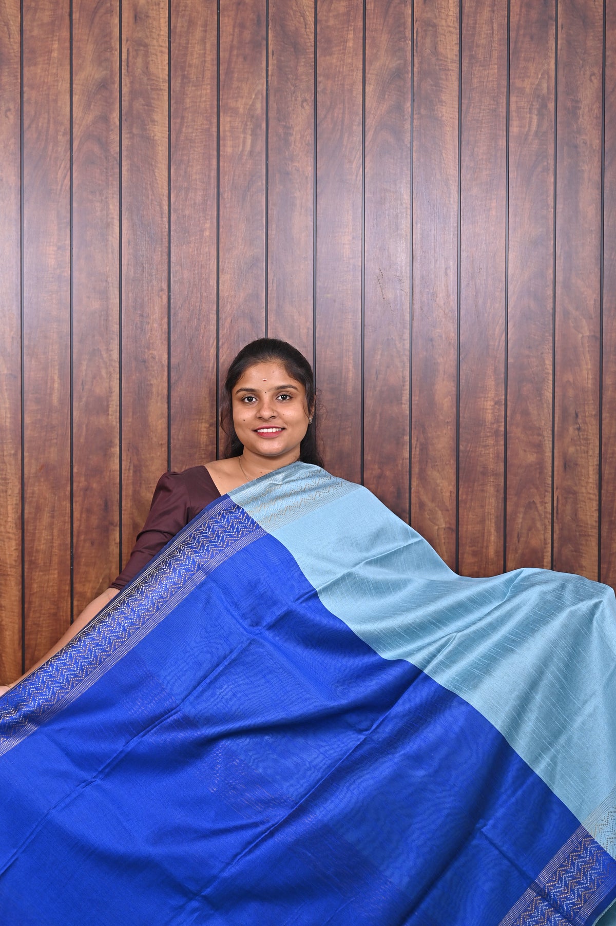 Raw Silk Saree SLM-RSL-0014 - Sky blue with a royal blue border - second view