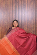 Raw Silk Saree SLM-RSL-0015 - Maroon red with an orange border - front view