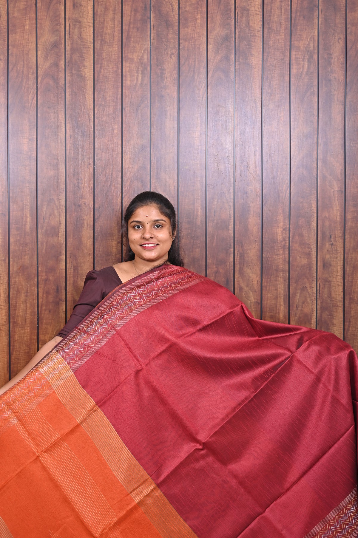 Raw Silk Saree SLM-RSL-0015 - Maroon red with an orange border - front view