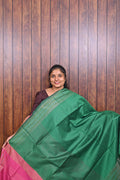 Raw Silk Saree SLM-RSL-0016 - Emerald green with a pink border - front view
