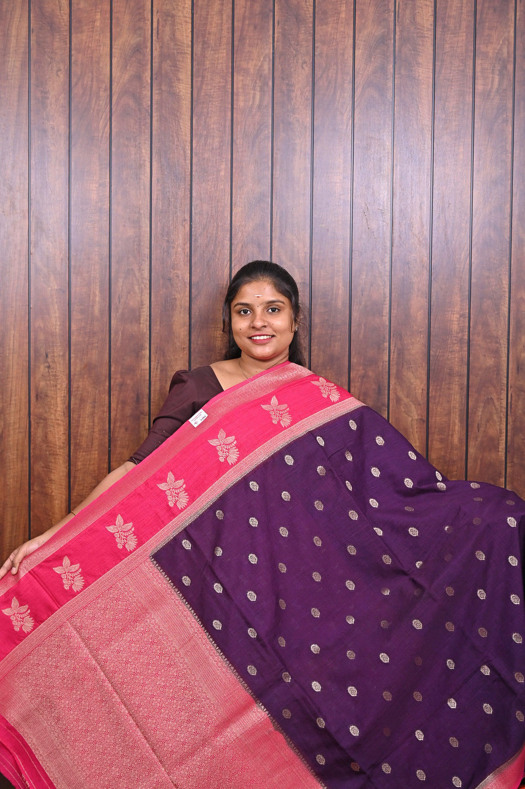 Raw Silk Saree SLM-RSL-0021 - Purple with dot motifs and a rani pink border - front view