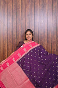 Raw Silk Saree SLM-RSL-0021 - Purple with dot motifs and a rani pink border - front view