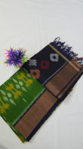 Silk Cotton Saree SLM-SCT-0001 - Green with a geometric pattern and a navy pallu - front view