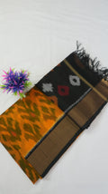Silk Cotton Saree SLM-SCT-0004 - Orange with a geometric pattern and a black pallu - front view