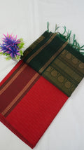 Silk Cotton Saree SLM-SCT-0009 - Red with a green border and pallu - front view