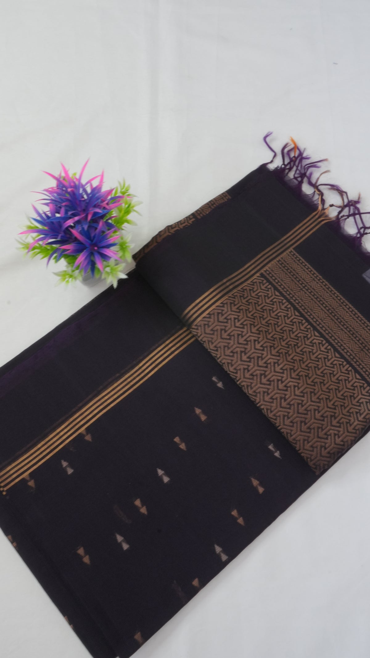 Silk Cotton Saree SLM-SCT-0012 - Aubergine with butta motifs and a woven pallu - front view
