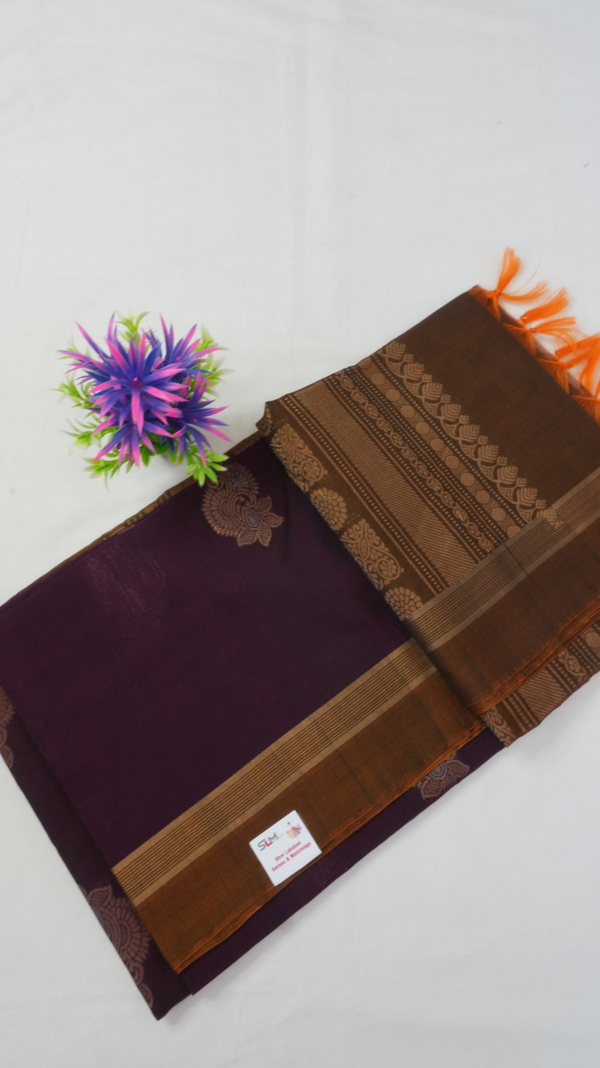 Silk Cotton Saree SLM-SCT-0015 - Wine with a brown border and pallu - front view