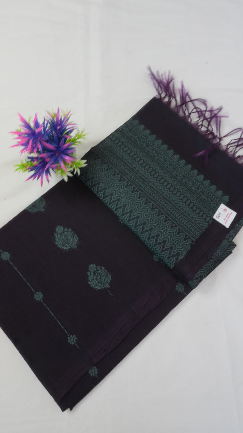 Silk Cotton Saree SLM-SCT-0018 - Aubergine with green woven motifs - front view