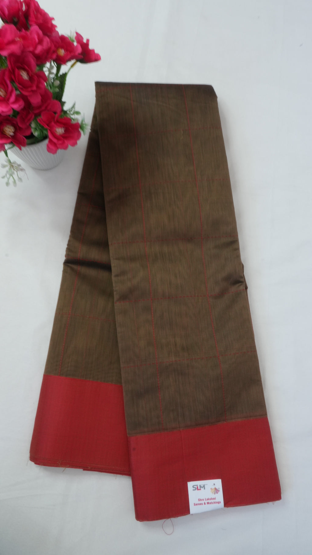 Silk Cotton Saree SLM-SCT-0019 - Brown with a red border - front view